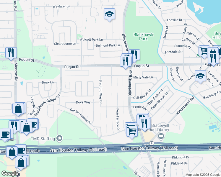 map of restaurants, bars, coffee shops, grocery stores, and more near 10830 Cayman Mist Drive in Houston