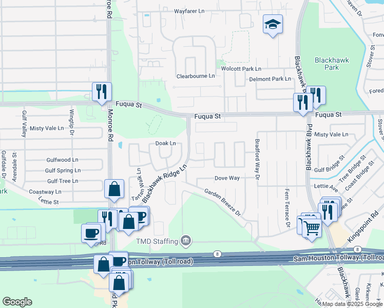 map of restaurants, bars, coffee shops, grocery stores, and more near 9015 South Jewel Bend Lane in Houston