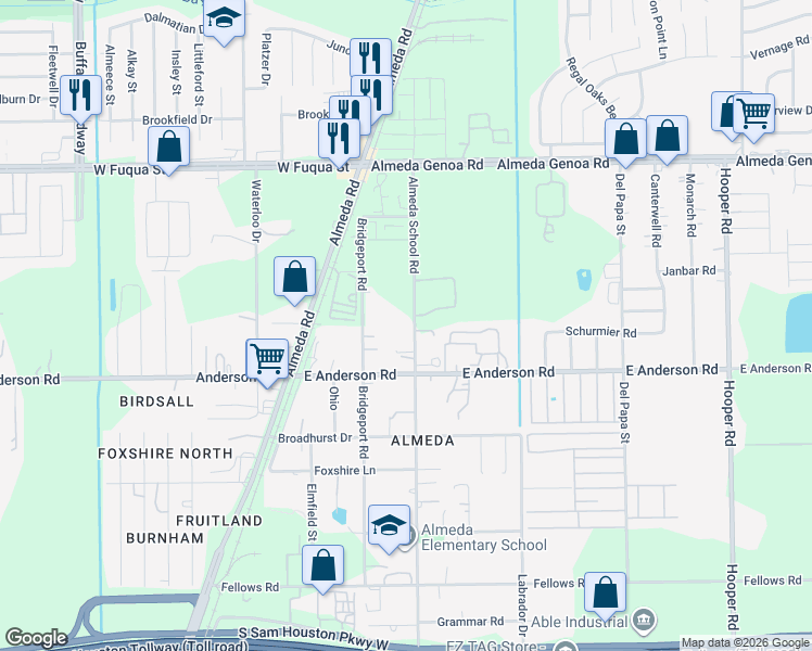 map of restaurants, bars, coffee shops, grocery stores, and more near 13628 Almeda School Road in Houston