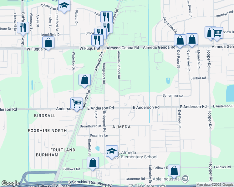 map of restaurants, bars, coffee shops, grocery stores, and more near 13628 Almeda School Road in Houston