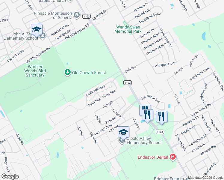 map of restaurants, bars, coffee shops, grocery stores, and more near 837 Silver Fox in Cibolo