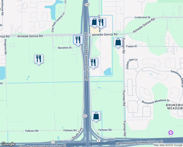 map of restaurants, bars, coffee shops, grocery stores, and more near 12955 South Freeway in Houston