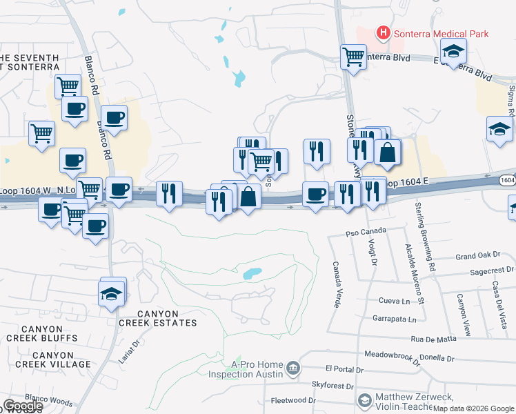 map of restaurants, bars, coffee shops, grocery stores, and more near 10 North Loop 1604 West in San Antonio