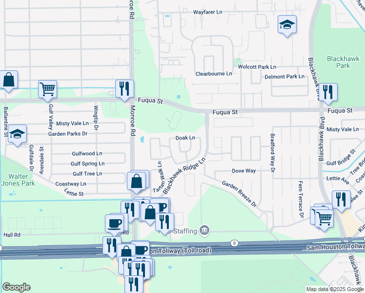 map of restaurants, bars, coffee shops, grocery stores, and more near 10811 Cane Grove Lane in Houston