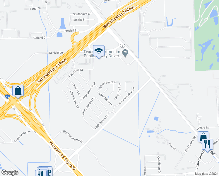 map of restaurants, bars, coffee shops, grocery stores, and more near 13734 Corken Way Court in Houston