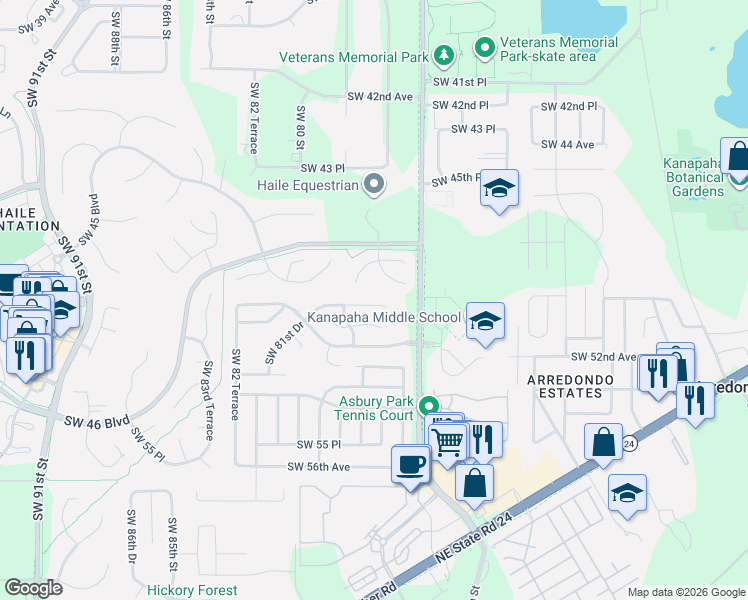 map of restaurants, bars, coffee shops, grocery stores, and more near 7644 Southwest 49th Place in Gainesville