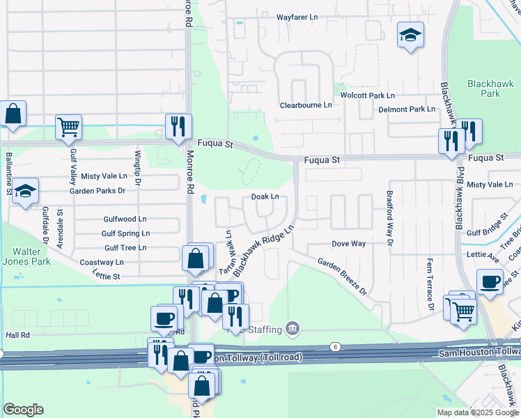 map of restaurants, bars, coffee shops, grocery stores, and more near 10811 Cane Grove Lane in Houston