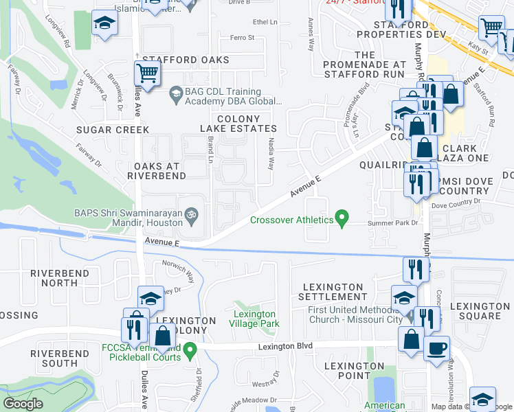 map of restaurants, bars, coffee shops, grocery stores, and more near 630 Colony Lake Estates Drive in Stafford
