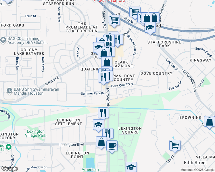 map of restaurants, bars, coffee shops, grocery stores, and more near 3010 Dove Country Drive in Stafford