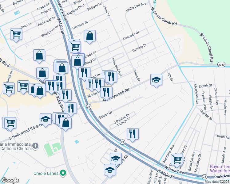 map of restaurants, bars, coffee shops, grocery stores, and more near 114 Delaware Court in Houma