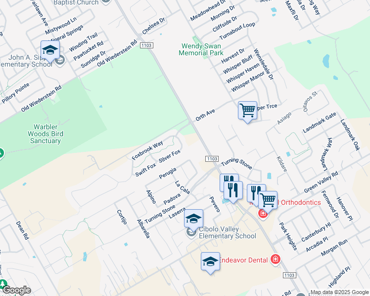 map of restaurants, bars, coffee shops, grocery stores, and more near 852 Silver Fox in Cibolo