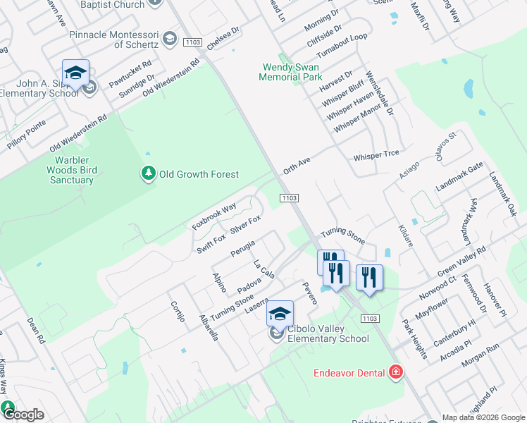 map of restaurants, bars, coffee shops, grocery stores, and more near 852 Silver Fox in Cibolo