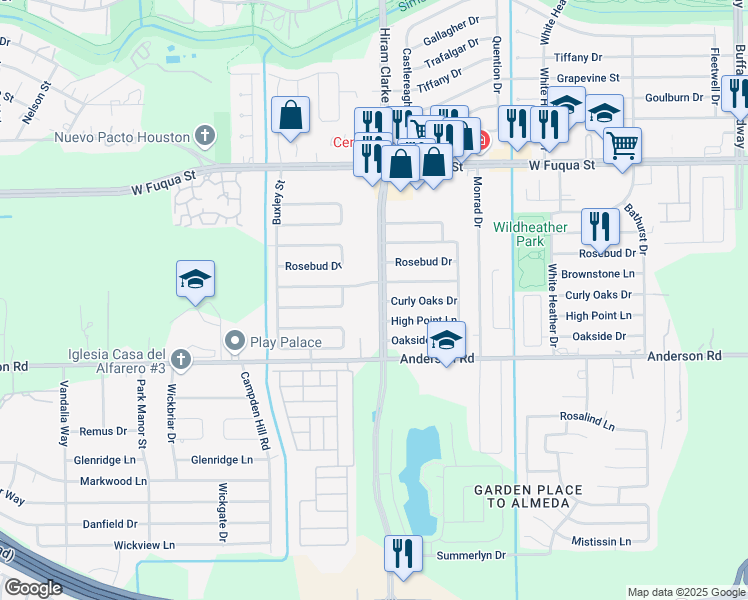 map of restaurants, bars, coffee shops, grocery stores, and more near 15010 Hiram Clarke Road in Houston