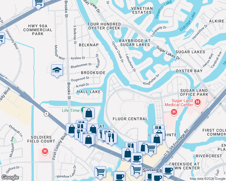 map of restaurants, bars, coffee shops, grocery stores, and more near 15939 Morgan Street in Sugar Land