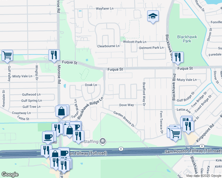 map of restaurants, bars, coffee shops, grocery stores, and more near 9015 South Jewel Bend Lane in Houston