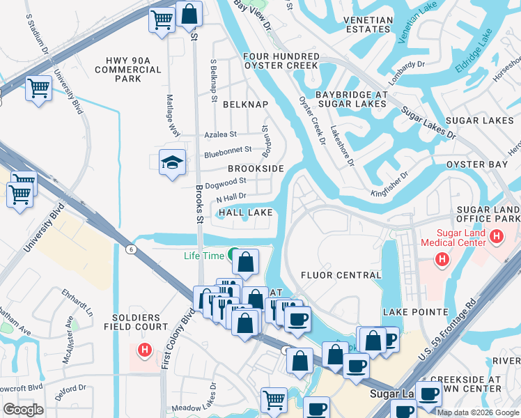 map of restaurants, bars, coffee shops, grocery stores, and more near 1119 Gloria Court in Sugar Land