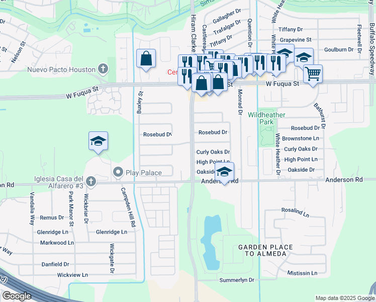 map of restaurants, bars, coffee shops, grocery stores, and more near 15010 Hiram Clarke Road in Houston