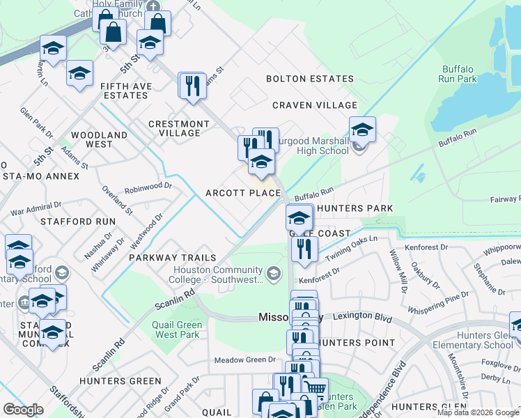 map of restaurants, bars, coffee shops, grocery stores, and more near 1711 Harvey Street in Stafford