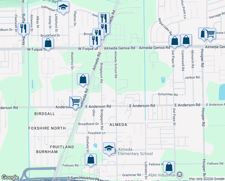 map of restaurants, bars, coffee shops, grocery stores, and more near 13628 Almeda School Road in Houston