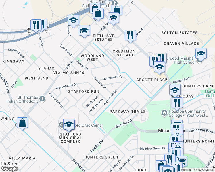 map of restaurants, bars, coffee shops, grocery stores, and more near 1847 Terence Drive in Stafford