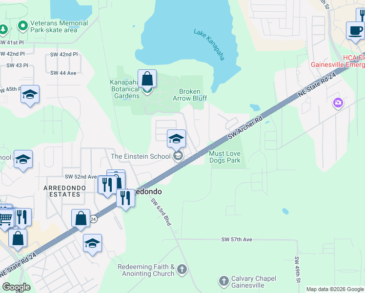 map of restaurants, bars, coffee shops, grocery stores, and more near 5816 Southwest Archer Road in Gainesville