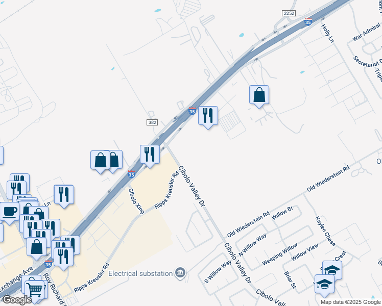 map of restaurants, bars, coffee shops, grocery stores, and more near 18446-18766 Old Wiederstein Road in Cibolo
