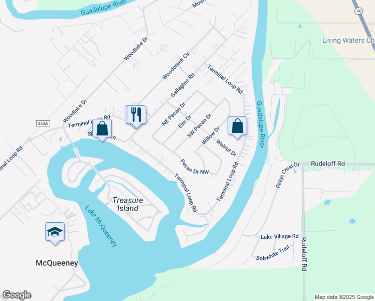 map of restaurants, bars, coffee shops, grocery stores, and more near 214 Willow Drive in McQueeney