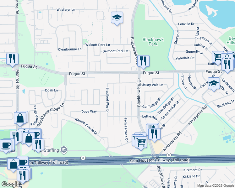 map of restaurants, bars, coffee shops, grocery stores, and more near 10830 Cayman Mist Drive in Houston