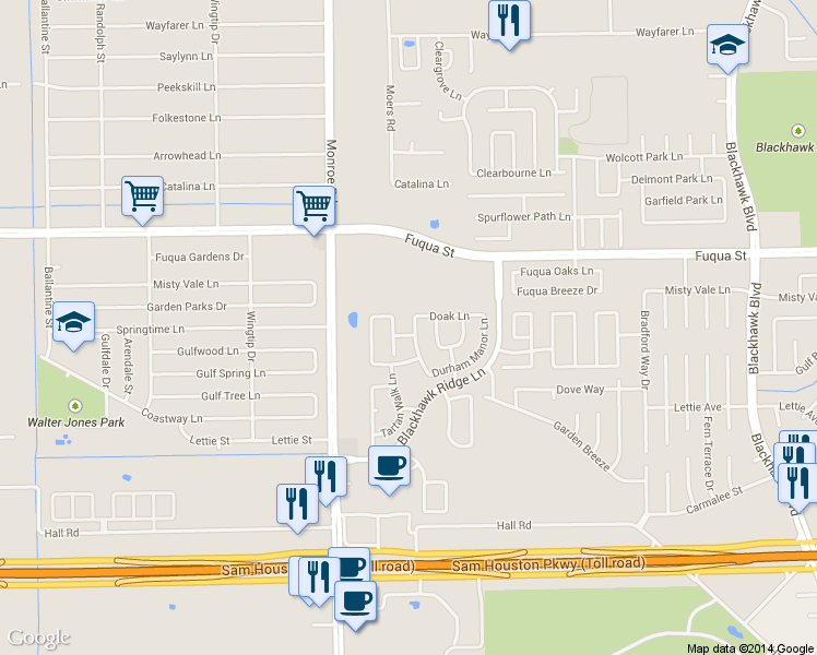 map of restaurants, bars, coffee shops, grocery stores, and more near 10818 Heathercliff Ln in Houston