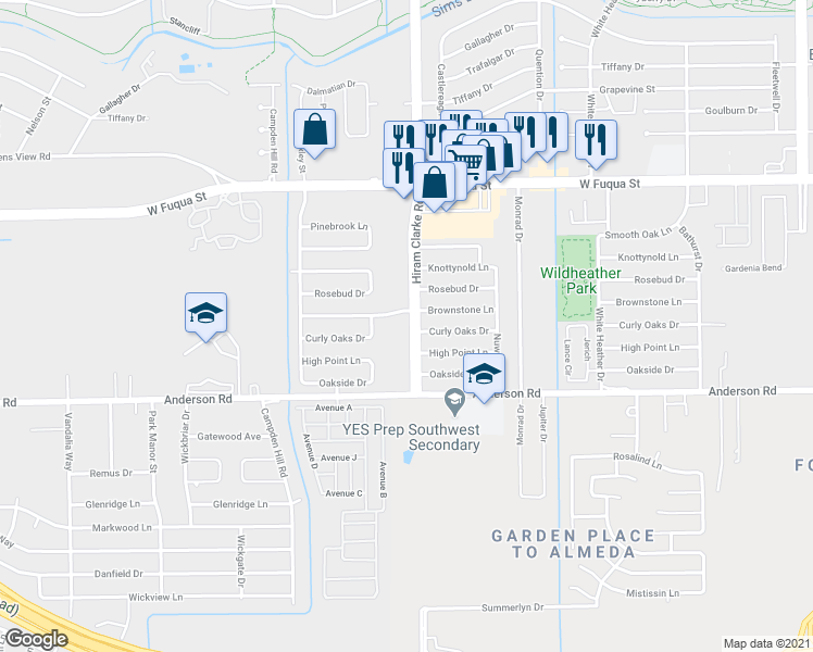 map of restaurants, bars, coffee shops, grocery stores, and more near 15010 Hiram Clarke Road in Houston