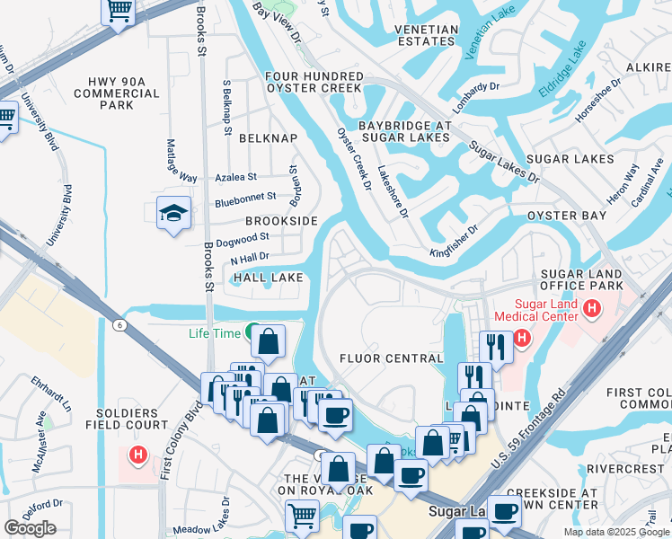 map of restaurants, bars, coffee shops, grocery stores, and more near 15939 Morgan Street in Sugar Land