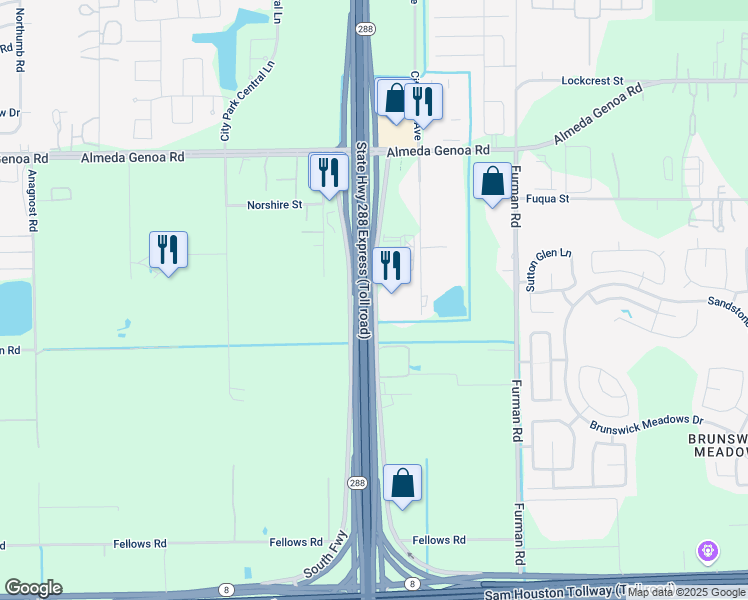 map of restaurants, bars, coffee shops, grocery stores, and more near 12955 South Freeway in Houston