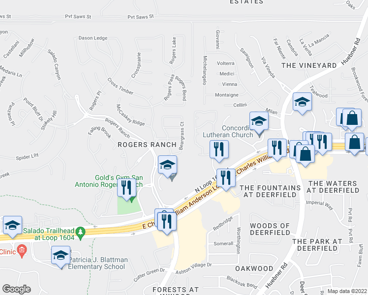 map of restaurants, bars, coffee shops, grocery stores, and more near 18110 Beargrass Court in San Antonio
