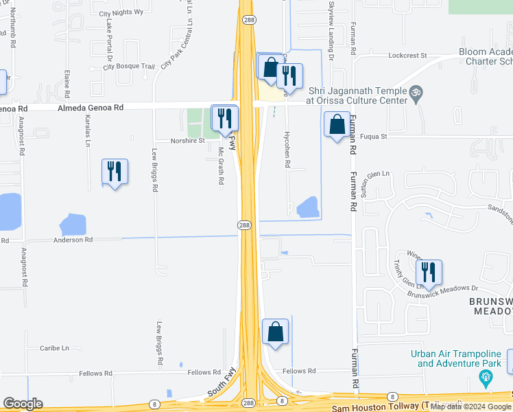 map of restaurants, bars, coffee shops, grocery stores, and more near 12955 South Freeway in Houston