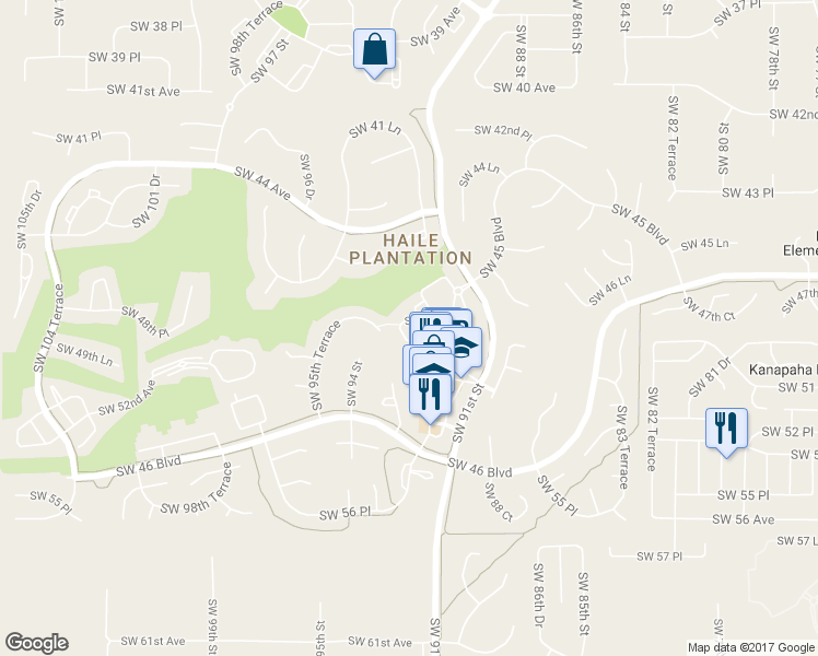 map of restaurants, bars, coffee shops, grocery stores, and more near 9193 Southwest 48th Place in Gainesville