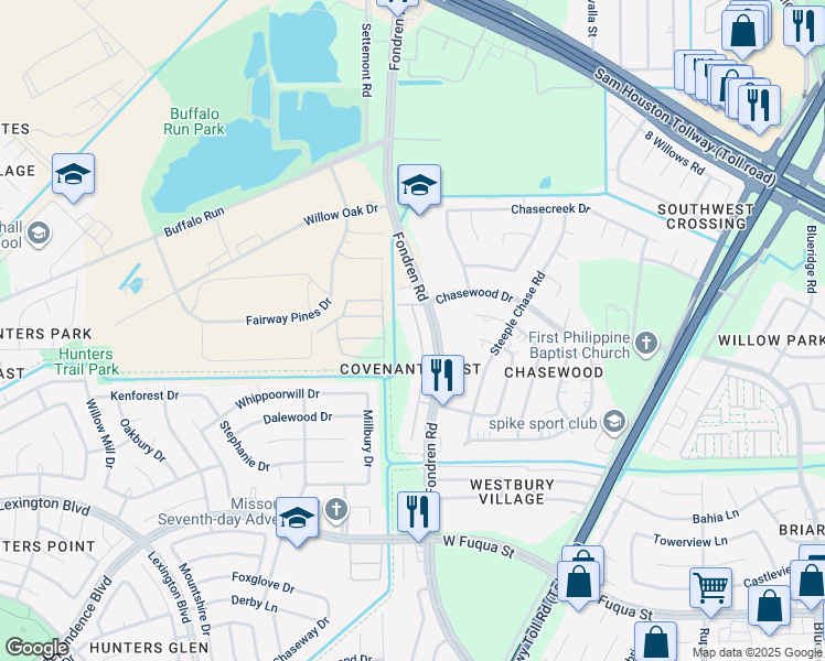 map of restaurants, bars, coffee shops, grocery stores, and more near 14938 Trinity Meadow Drive in Missouri City