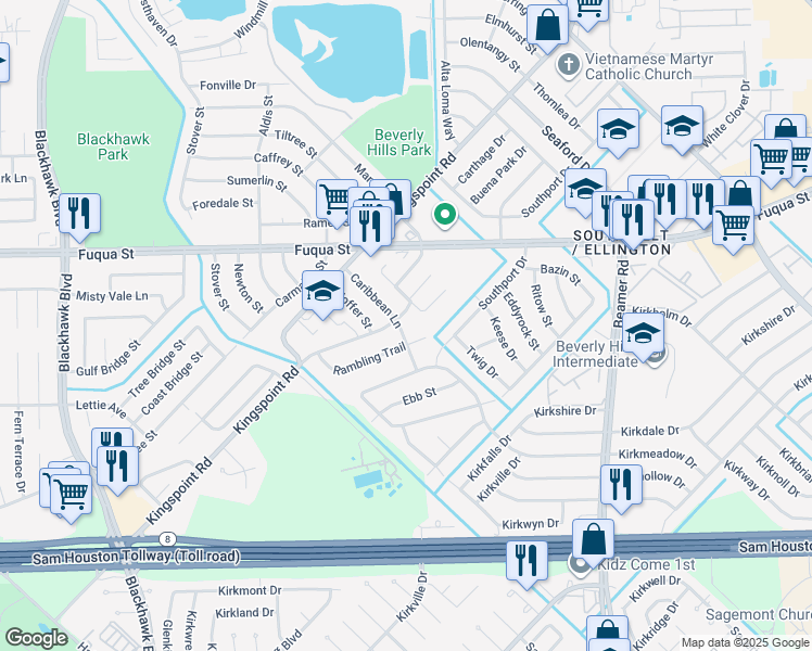 map of restaurants, bars, coffee shops, grocery stores, and more near 11107 Caribbean Lane in Houston