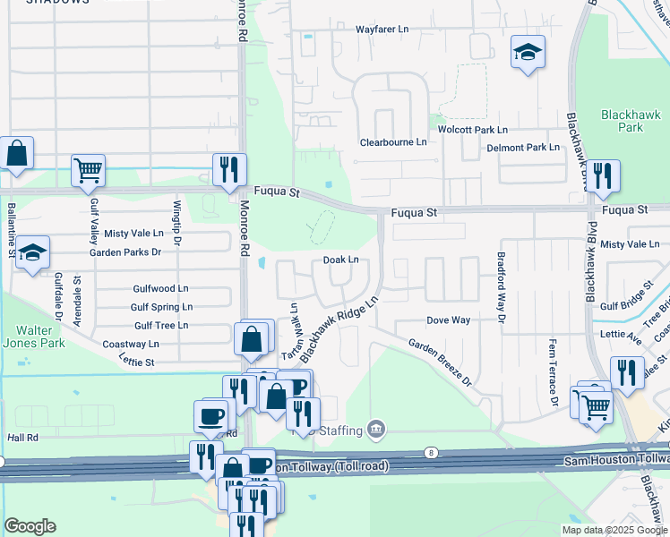 map of restaurants, bars, coffee shops, grocery stores, and more near 10811 Cane Grove Ln in Houston