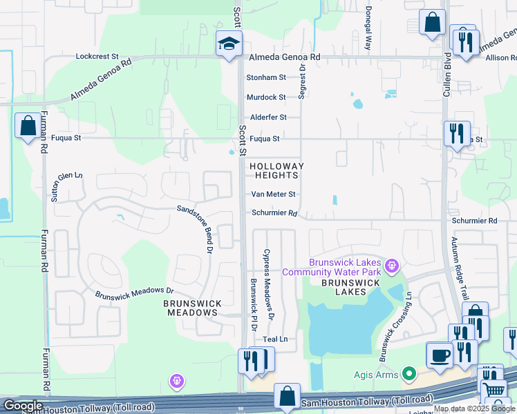 map of restaurants, bars, coffee shops, grocery stores, and more near 3519 Schurmier Road in Houston