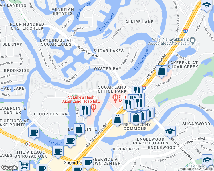 map of restaurants, bars, coffee shops, grocery stores, and more near 14904 Oyster Creek Lane in Sugar Land