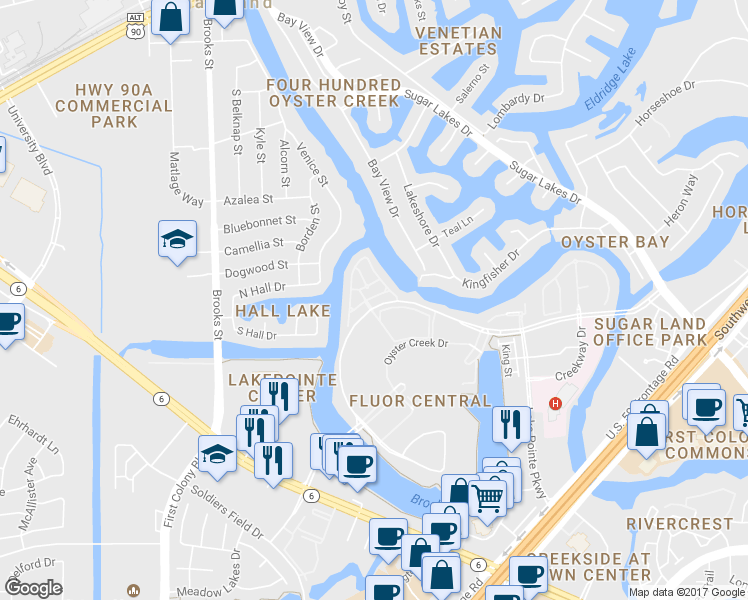 map of restaurants, bars, coffee shops, grocery stores, and more near 15939 Morgan Street in Sugar Land
