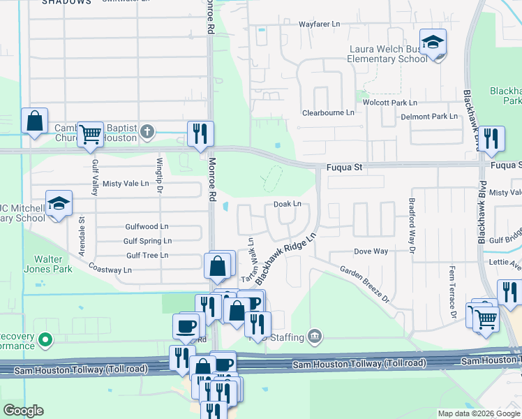 map of restaurants, bars, coffee shops, grocery stores, and more near 10818 Heathercliff Lane in Houston
