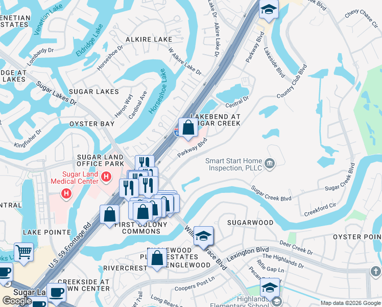map of restaurants, bars, coffee shops, grocery stores, and more near 1637 Country Club Boulevard in Sugar Land