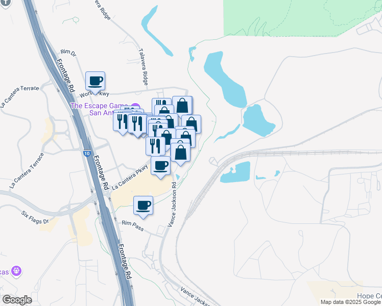map of restaurants, bars, coffee shops, grocery stores, and more near 17710 La Cantera Parkway in San Antonio