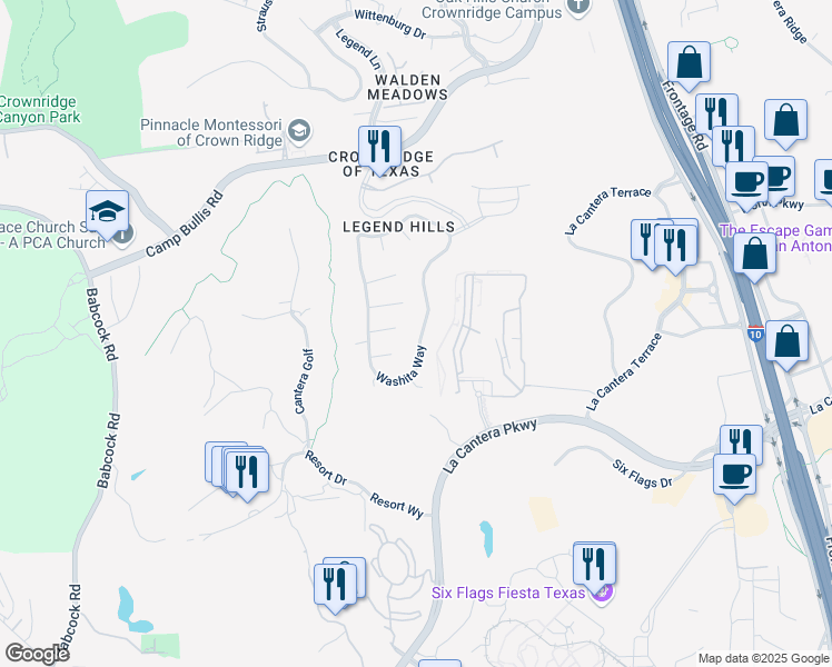 map of restaurants, bars, coffee shops, grocery stores, and more near 7202 Washita Way in San Antonio