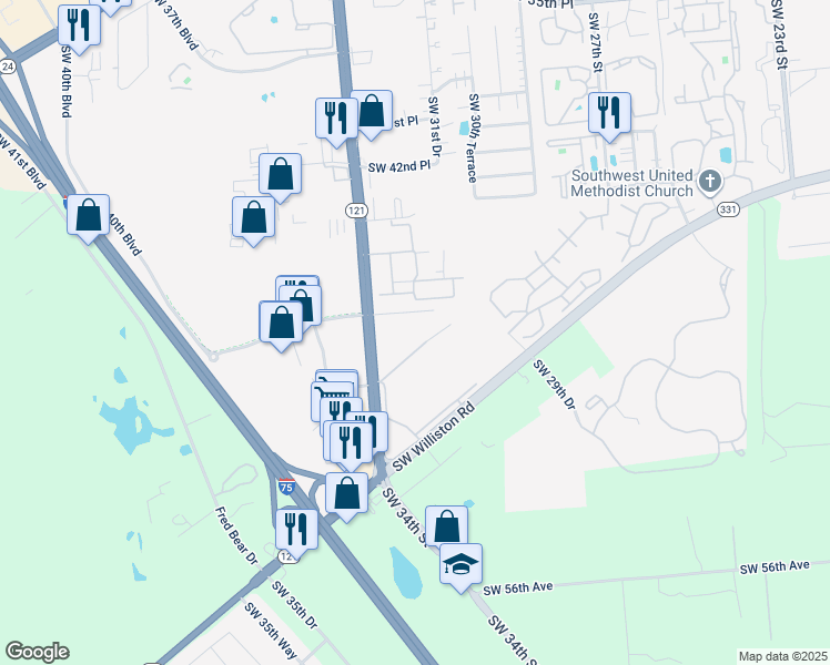 map of restaurants, bars, coffee shops, grocery stores, and more near 3205 Southwest 47 Avenue in Gainesville