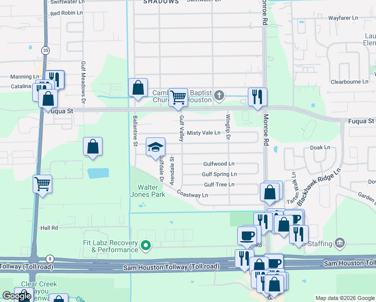 map of restaurants, bars, coffee shops, grocery stores, and more near 8219 Springtime Lane in Houston