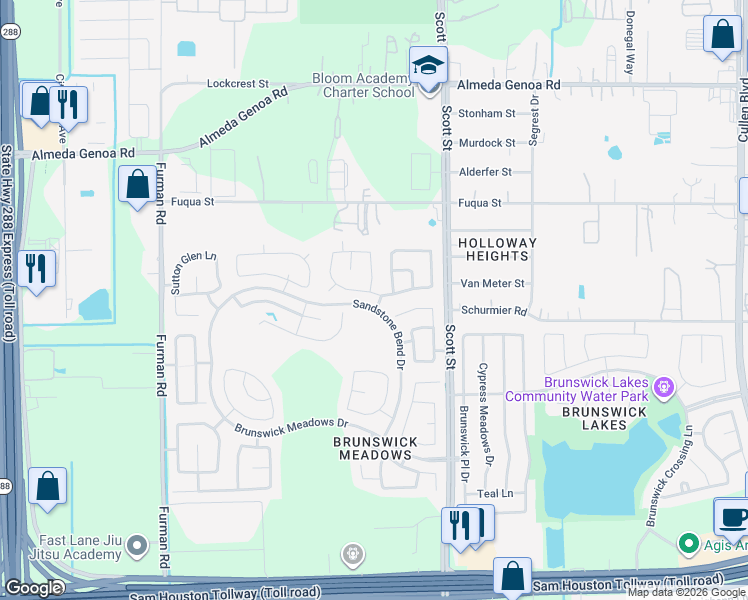 map of restaurants, bars, coffee shops, grocery stores, and more near 3234 Bainbridge Hill Lane in Houston