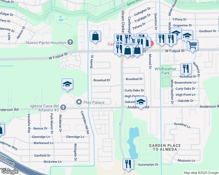 map of restaurants, bars, coffee shops, grocery stores, and more near 4615 Brownstone Lane in Houston