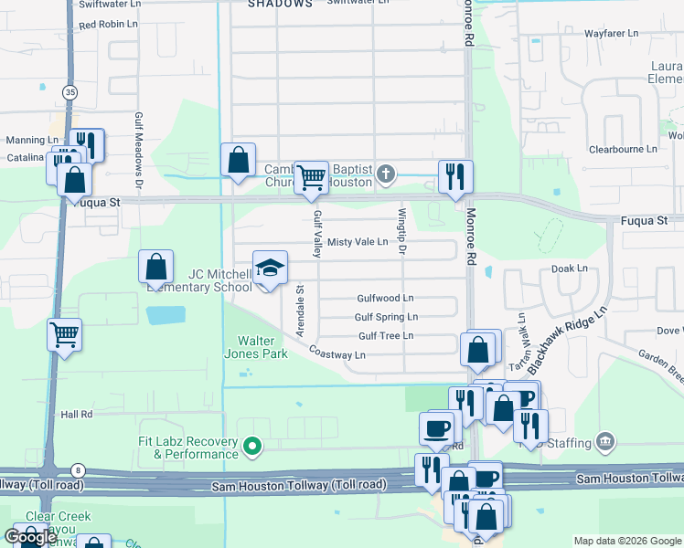 map of restaurants, bars, coffee shops, grocery stores, and more near 8219 Springtime Lane in Houston